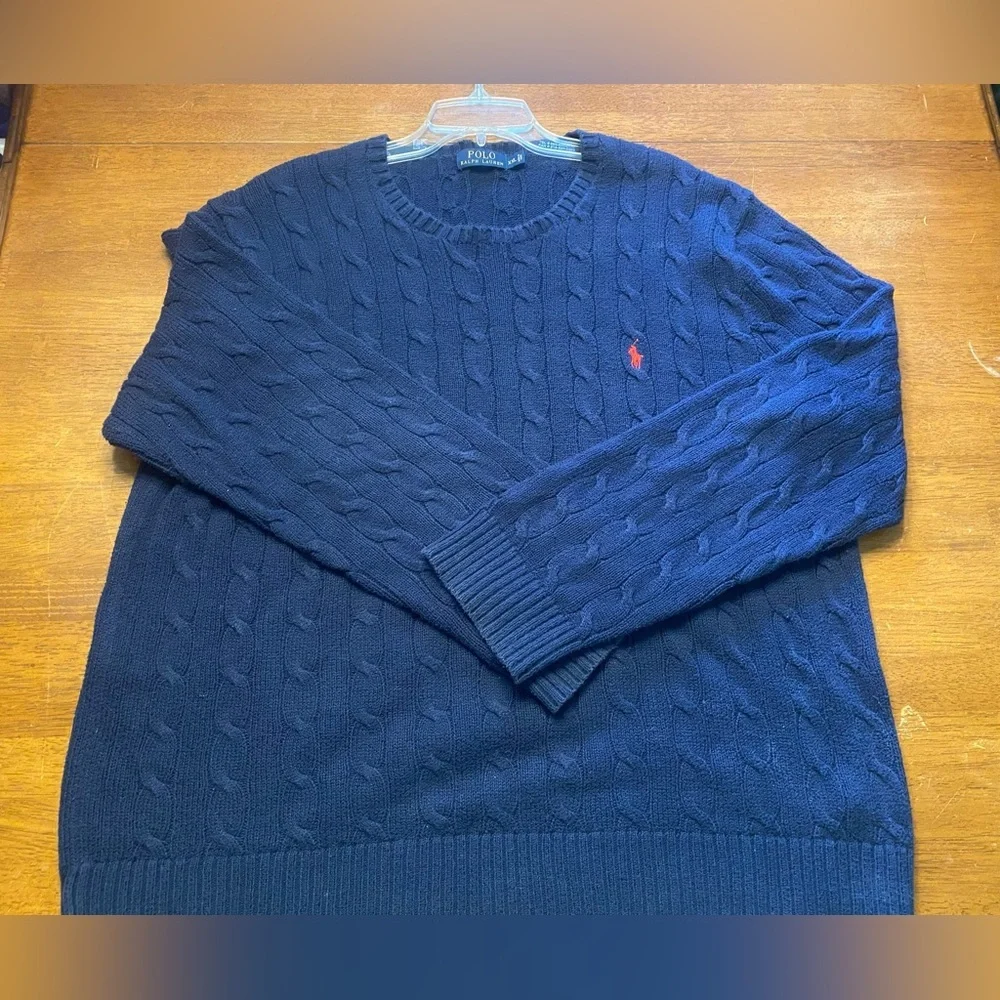 Polo by Ralph Lauren Navy Cable-Knit Crewneck Sweater with Red Logo